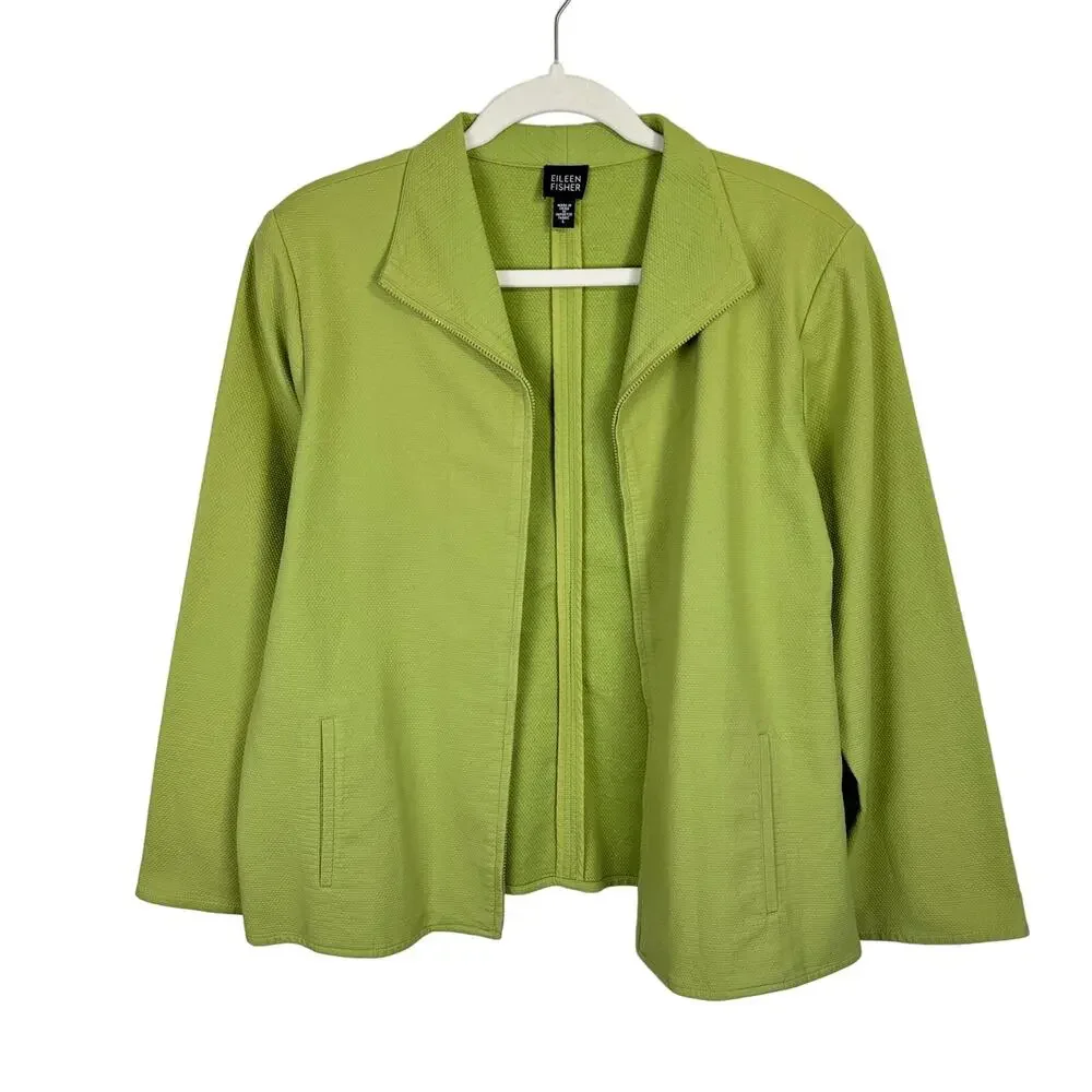 Eileen Fisher Jacket Womens Large Textured Zip Front Lightweight Lime Green